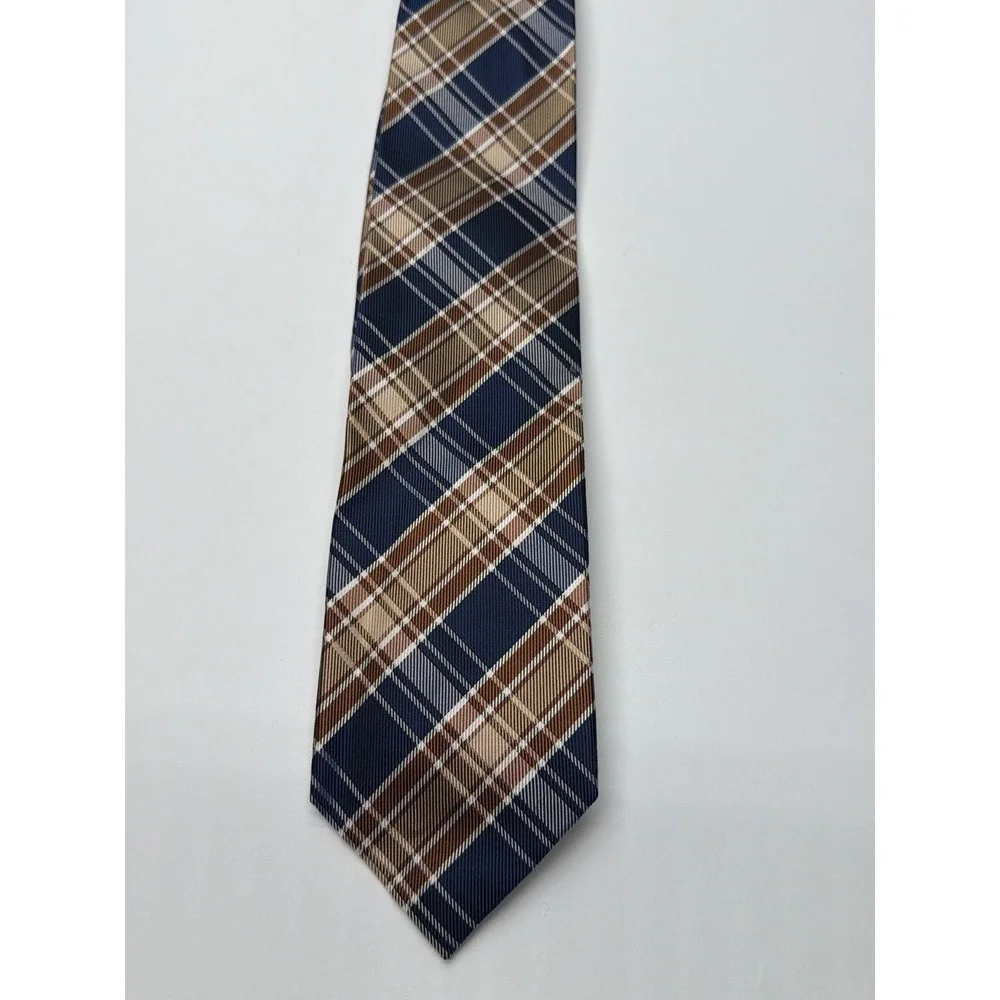 Jos.‎ A. Bank Executive Collection Mens Navy Blue Tan Plaid 100% Silk Necktie